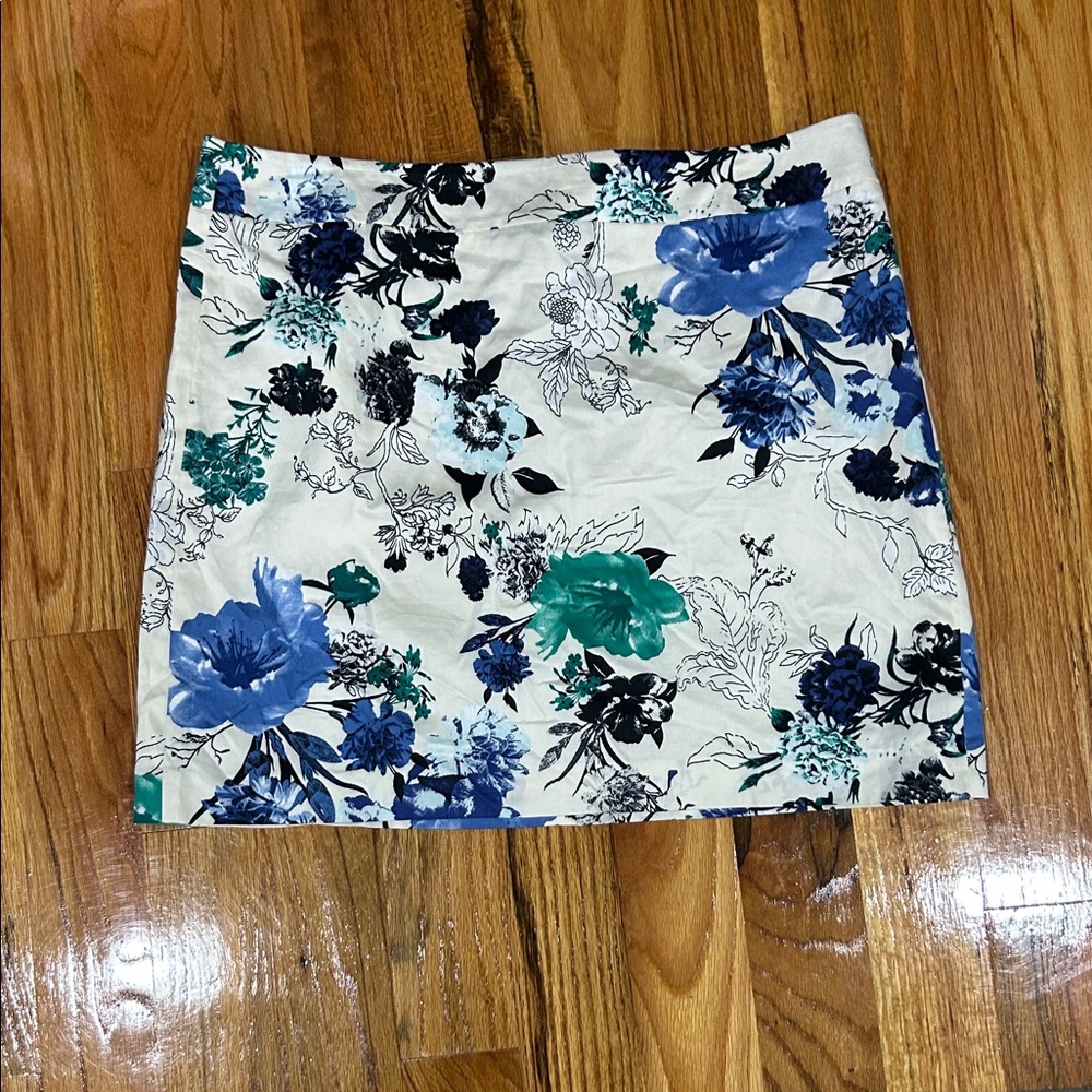 LOFT Cream Mini Skirt with Blue & Teal Floral Print